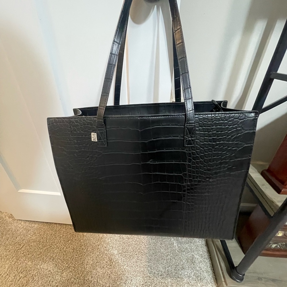 BEIS Black Croc-Embossed Tote Bag